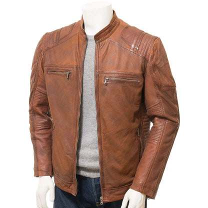 MEN BROWN LEATHER BIKER JACKET ORWELL